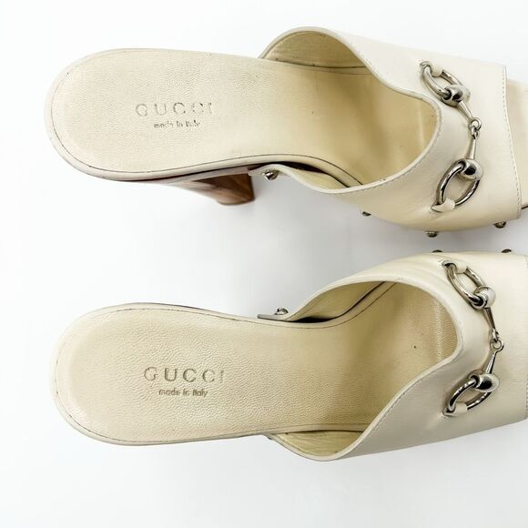 Gucci Horsebit White Mules Platform Leather Wooden Heels Sandals 38.5, 8.5 - Picture 10 of 15